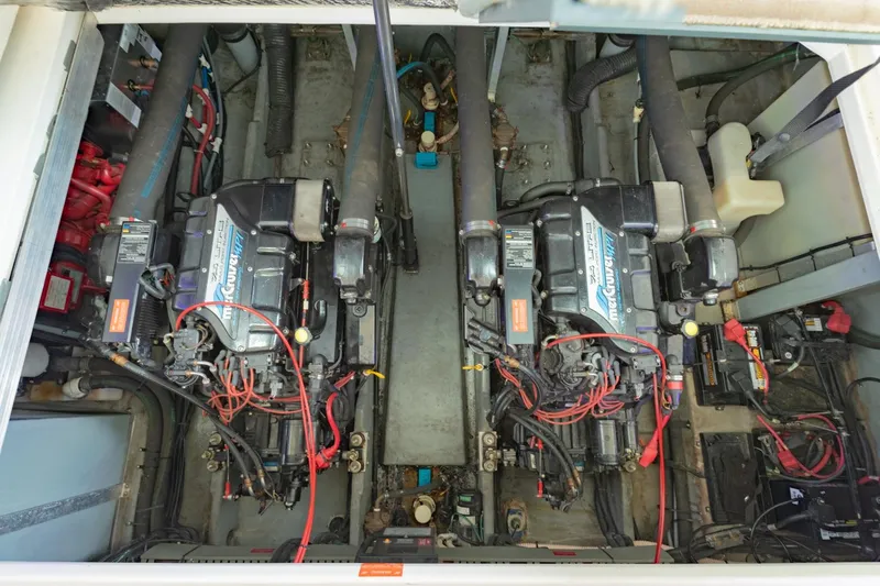 Just The Two Of Us Yacht Photos Pics Engine compartment of a 1997 Sea Ray 400 Sundancer with twin MerCruiser engines.
