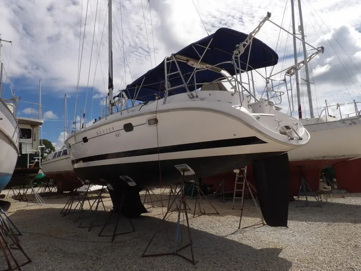 Summer Breeze Yacht Photos Pics Hunter 460 sailboat, 2000 model, on dry dock for maintenance.