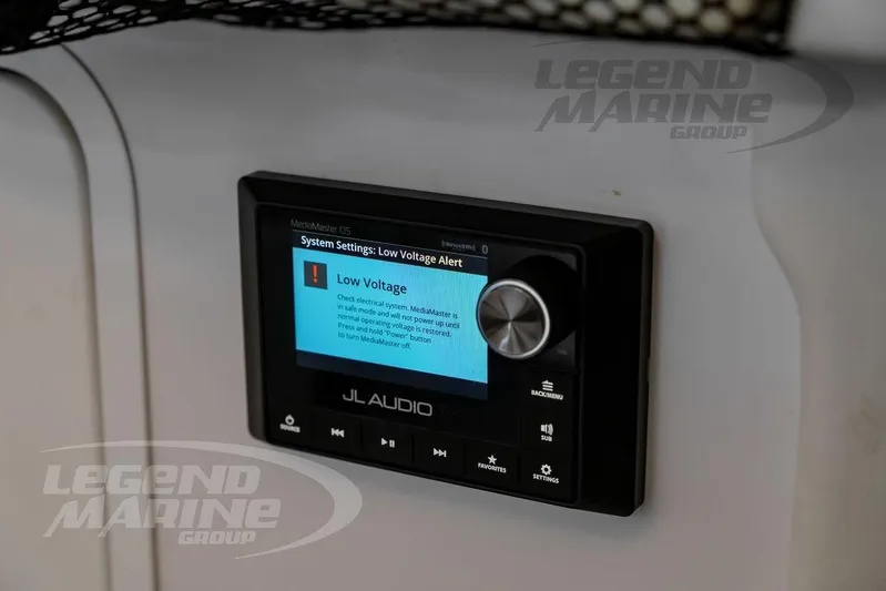  Yacht Photos Pics JL Audio system displaying low voltage alert on Nor-Tech 390 Sport Center Console, 2023 model.