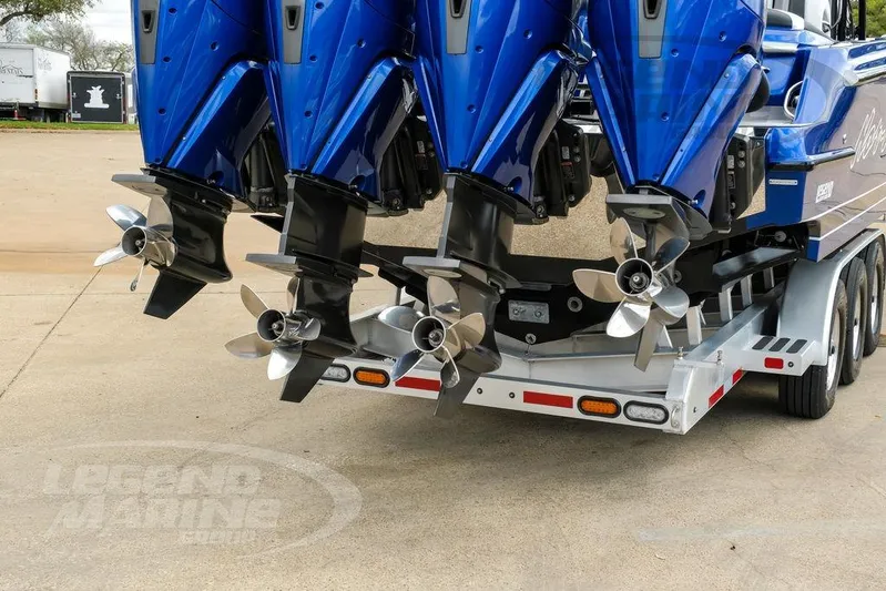  Yacht Photos Pics 2023 Nor-Tech 390 Sport Center Console with powerful outboard engines on a trailer.