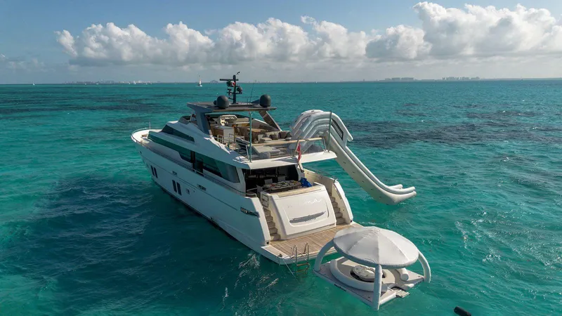 Sanlorenzo Sl96 Yacht Photos Pics Luxurious 2016 Sanlorenzo SL96 yacht with slide, anchored in turquoise waters.