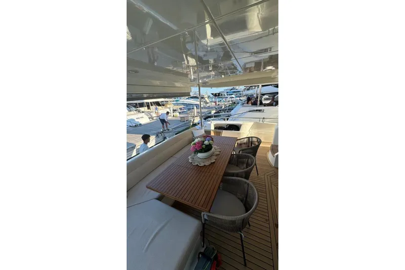  Yacht Photos Pics Luxurious 2007 Astondoa A 76 GLX yacht deck with elegant dining area and marina view.