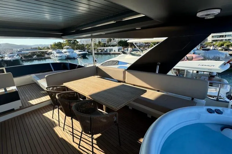  Yacht Photos Pics Luxurious 2007 Astondoa A 76 GLX yacht deck with seating and jacuzzi, docked at marina.