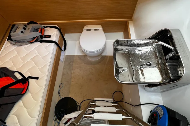  Yacht Photos Pics Interior of Pardo Yachts 50 with toilet and sink, 2023 model.