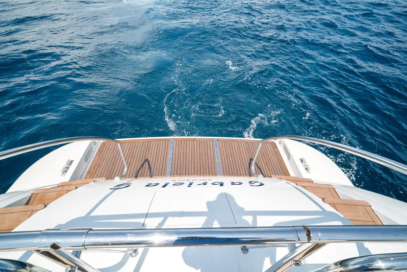 Gabriela G Yacht Photos Pics Mangusta 72 yacht stern view, teak deck, ocean backdrop, 2001 model.