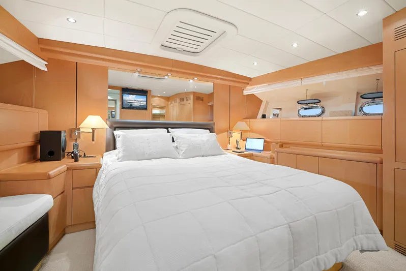 Gabriela G Yacht Photos Pics Luxurious bedroom interior of 2001 Mangusta 72 yacht with modern amenities and elegant design.