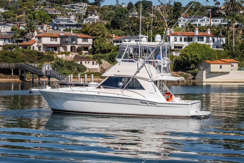 Sunny 1 Yacht Photos Pics 2001 Riviera 36 Flybridge yacht cruising near coastal homes.