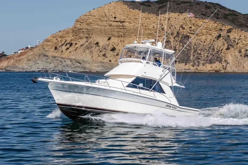 Sunny 1 Yacht Photos Pics 2001 Riviera 36 Flybridge yacht cruising near rocky coastline.