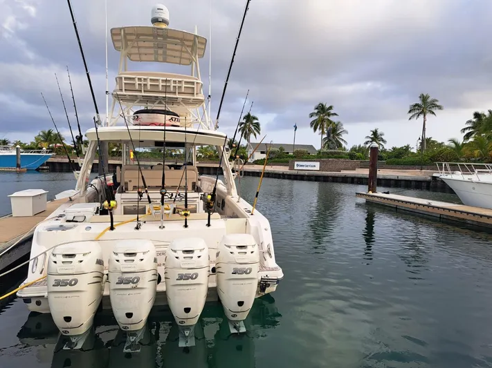 The Reel Deal Yacht Photos Pics 2016 Boston Whaler 420 Outrage boat docked with four engines.
