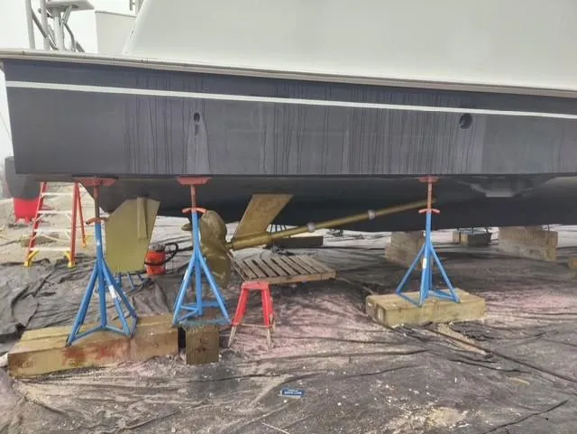  Yacht Photos Pics Cheoy Lee 68 yacht from 2004 on stands for maintenance.