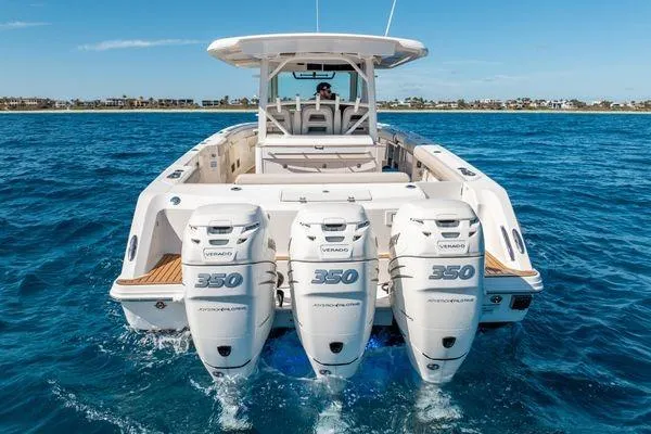  Yacht Photos Pics 2018 Boston Whaler 350 Outrage with triple engines on open water.