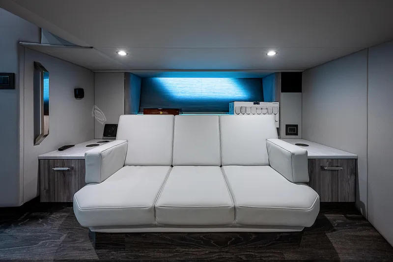 Legacy Yacht Photos Pics Luxurious interior of 2022 Formula 500 Super Sport Crossover with modern white sofa.