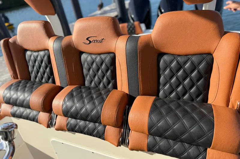  Yacht Photos Pics Luxurious leather seating on 2019 Scout 355 LXF boat, featuring diamond stitching design.