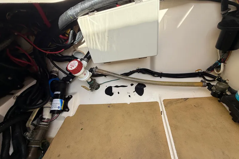  Yacht Photos Pics 2019 Scout 355 LXF boat interior wiring and plumbing components.