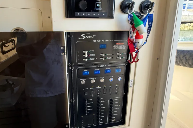  Yacht Photos Pics 2019 Scout 355 LXF control panel with electrical switches and voltage displays.
