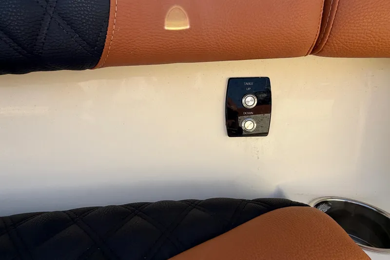  Yacht Photos Pics 2019 Scout 355 LXF boat interior with table control buttons and leather seating.