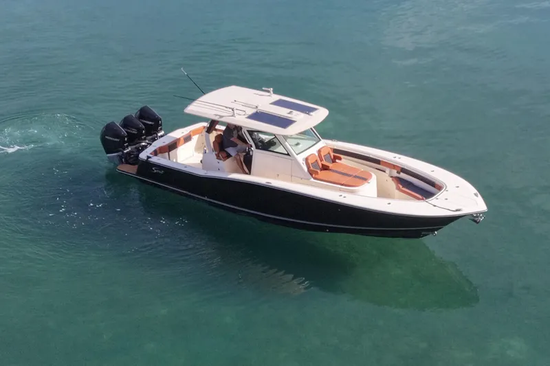  Yacht Photos Pics Scout 355 LXF 2019 boat on calm water.