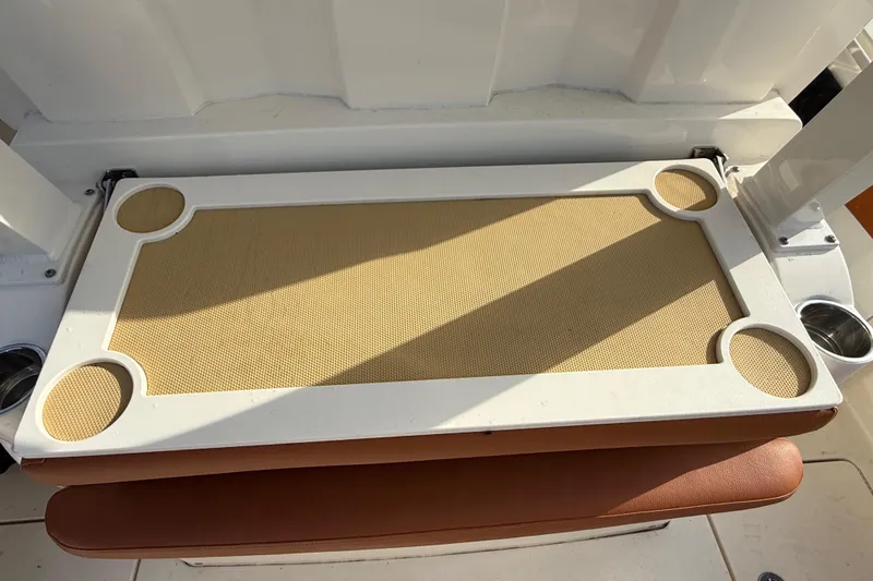  Yacht Photos Pics Scout 355 LXF 2019 boat table with cup holders.