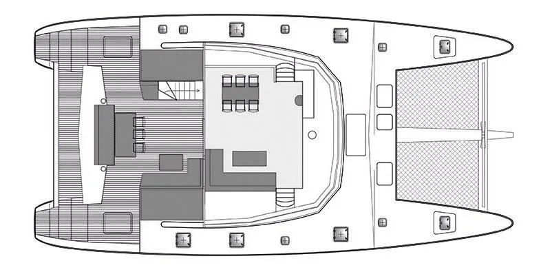 Darlin ( Ex Fine Line) Yacht Photos Pics Floor plan of a 2015 Sunreef 60 LOFT catamaran, showcasing deck layout and interior spaces.
