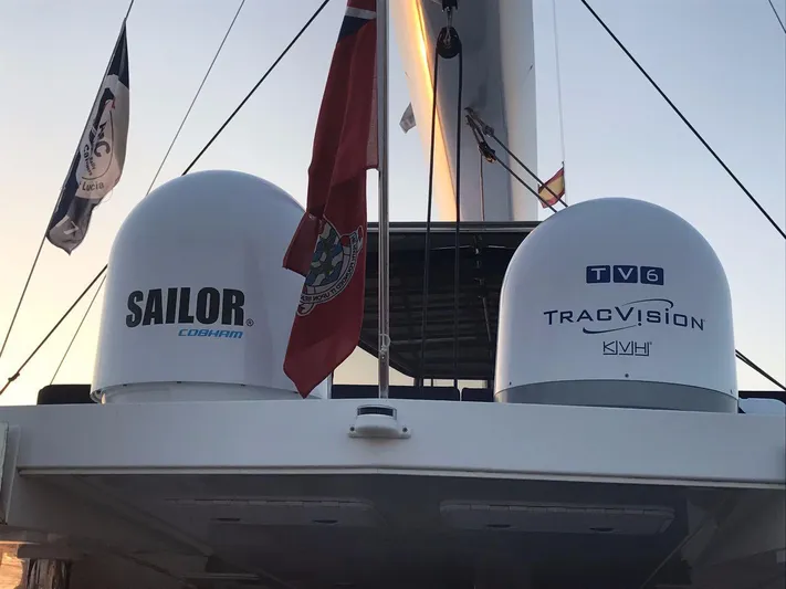 Darlin ( Ex Fine Line) Yacht Photos Pics 2015 Sunreef 60 LOFT yacht with communication domes and flags at sunset.