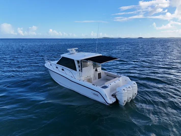 Del Mar Yacht Photos Pics 2015 Boston Whaler 345 Conquest boat on open water, clear sky background.