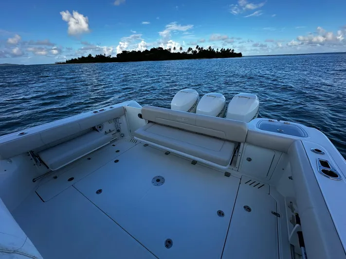 Del Mar Yacht Photos Pics Boston Whaler 345 Conquest 2015 boat deck with ocean and island view.