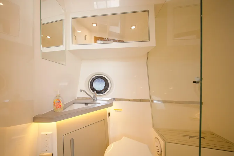  Yacht Photos Pics Modern bathroom interior in 2026 Granfort 37 yacht, featuring sleek design and compact amenities.