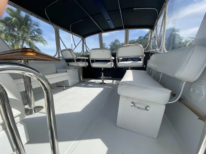 The Jolly Rogers Yacht Photos Pics Interior of 1987 Hi-Star Sportfish boat with white seating and panoramic windows.