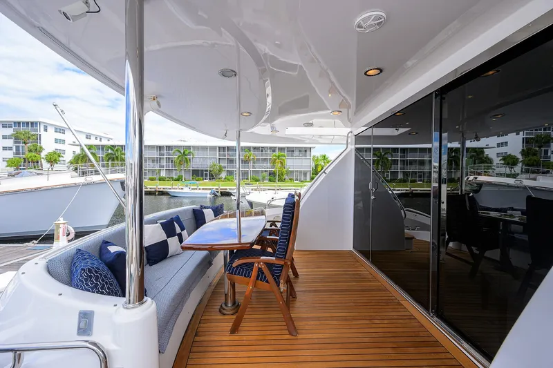 Sapphire Yacht Photos Pics Luxurious 2009 Hatteras Enclosed Bridge yacht with elegant deck seating and modern design.