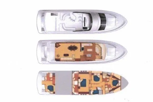 Sapphire Yacht Photos Pics 2009 Hatteras Enclosed Bridge yacht floor plan with three detailed levels.