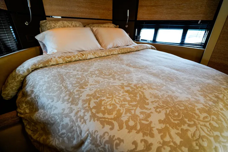  Yacht Photos Pics Luxurious bedroom interior on 2012 Azimut Fly 53 yacht with elegant bedding.