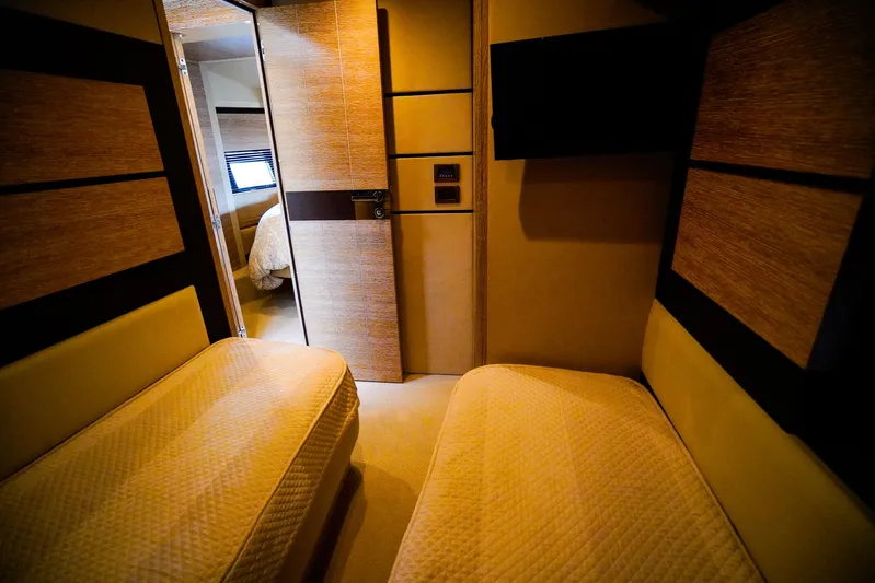  Yacht Photos Pics Interior cabin of 2012 Azimut Fly 53 yacht with twin beds and modern design.