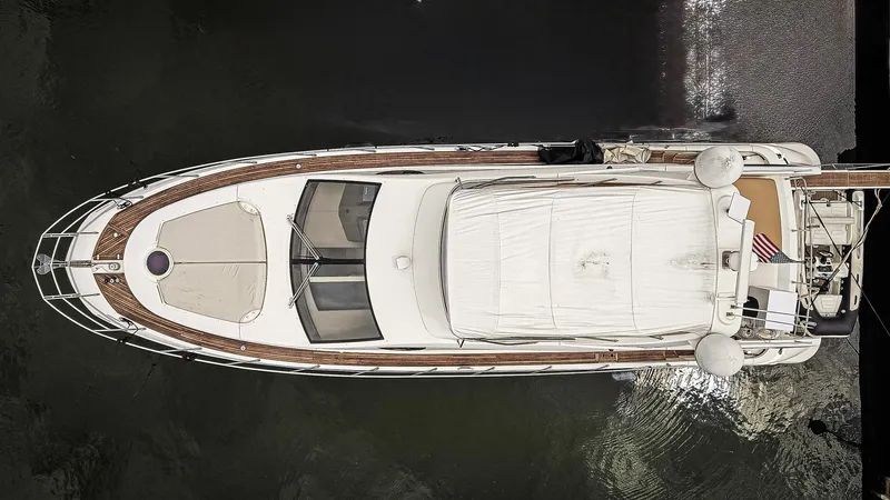  Yacht Photos Pics Aerial view of 2012 Azimut Fly 53 yacht docked by the shore.