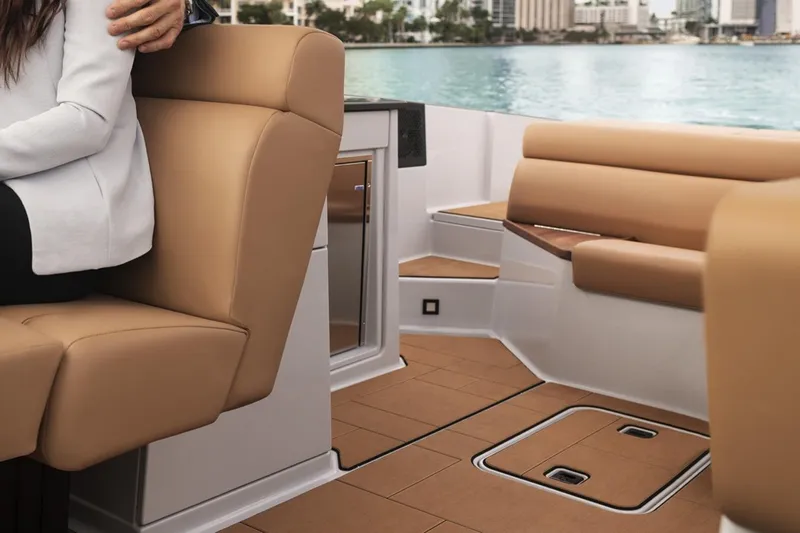 Wonder Why Yacht Photos Pics Manufacturer Provided Image: 2022 Aviara AV32 I/O boat interior with tan leather seating and waterfront view.