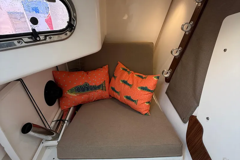 On Pointe Yacht Photos Pics Cozy cabin interior of 2016 Pursuit DC 325 Dual Console with fish-themed pillows.