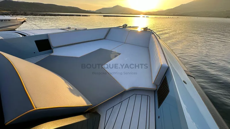 Hull #5 Yacht Photos Pics 2024 Maori 46ft yacht deck at sunset, showcasing luxury and elegance on the water.