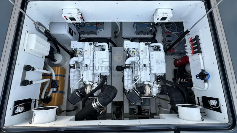 Hull #5 Yacht Photos Pics Engine room of 2024 Maori 46ft yacht, featuring dual engines and modern equipment.