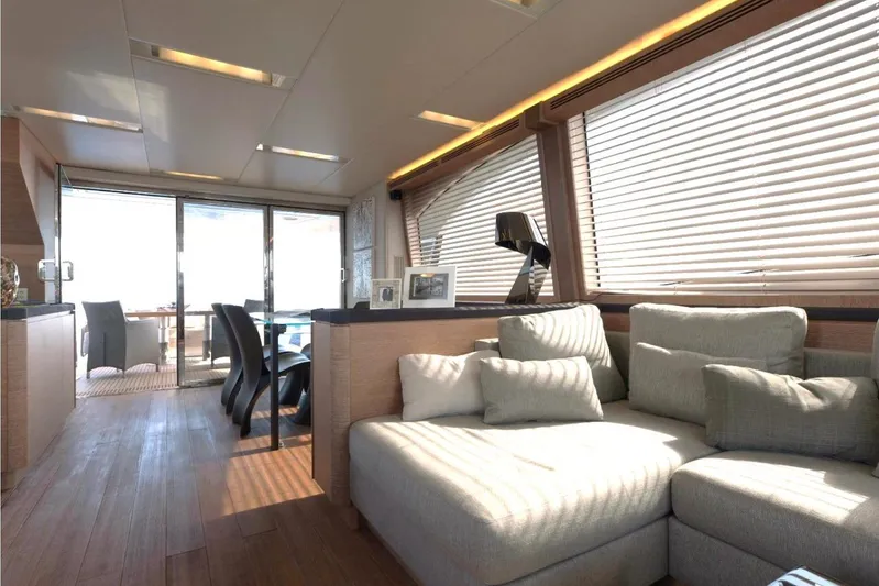 Tyche Yacht Photos Pics Luxurious interior of 2019 Monte Carlo Yachts MCY 76 with elegant seating and dining area.
