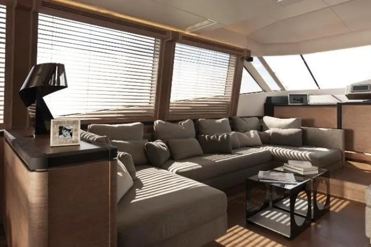 Tyche Yacht Photos Pics Luxurious interior of 2019 Monte Carlo Yachts MCY 76 with elegant seating and modern decor.