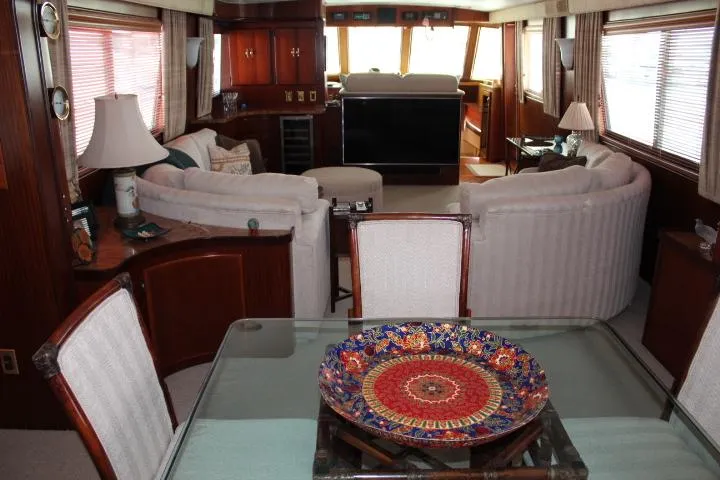 Eternity Yacht Photos Pics Interior of a 1985 Hatteras 58 Motor Yacht with elegant furnishings and decor.