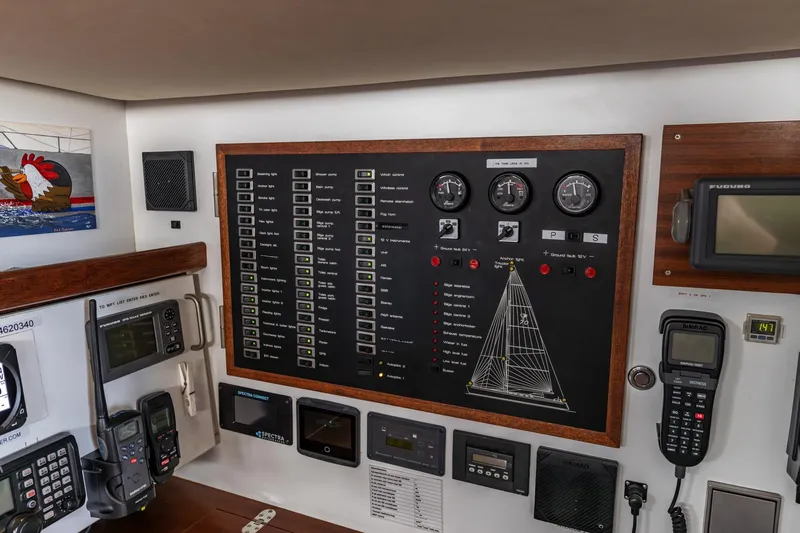 Red Rooster Yacht Photos Pics Control panel of 2008 Van De Stadt Stadtship 70 yacht with navigation instruments.