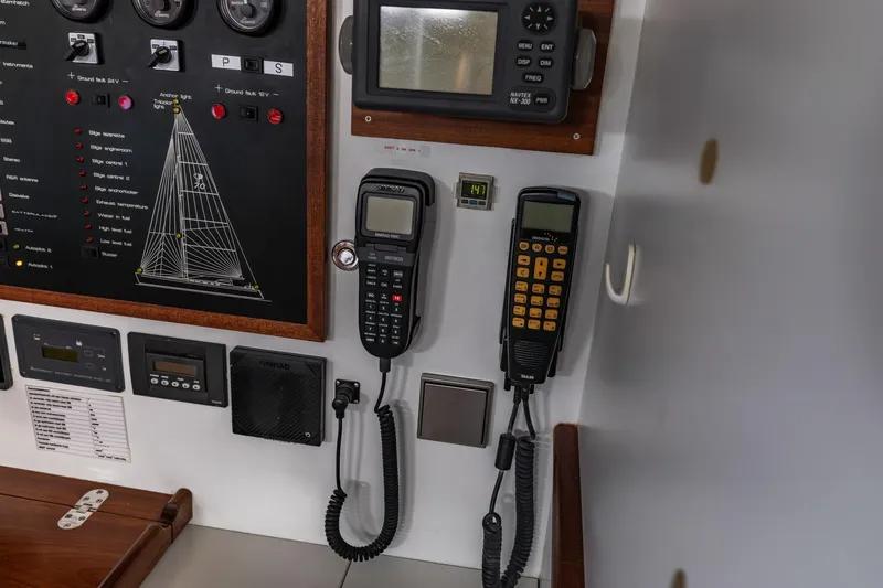 Red Rooster Yacht Photos Pics Control panel and communication devices on a 2008 Van De Stadt Stadtship 70 yacht.