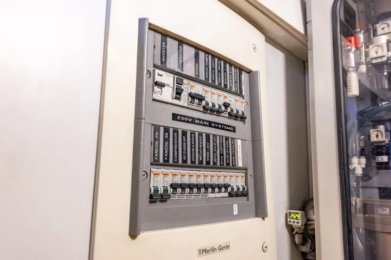 Red Rooster Yacht Photos Pics Electrical panel on 2008 Van De Stadt Stadtship 70 yacht, featuring 230V main systems.