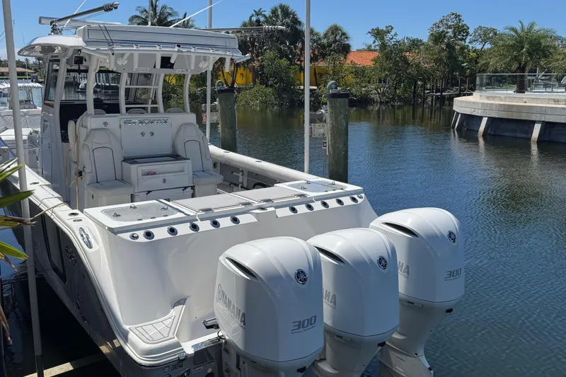 Seakeeper And Joystick Yacht Photos Pics 2020 Sea Fox 368 Commander boat docked with triple Yamaha 300 engines.