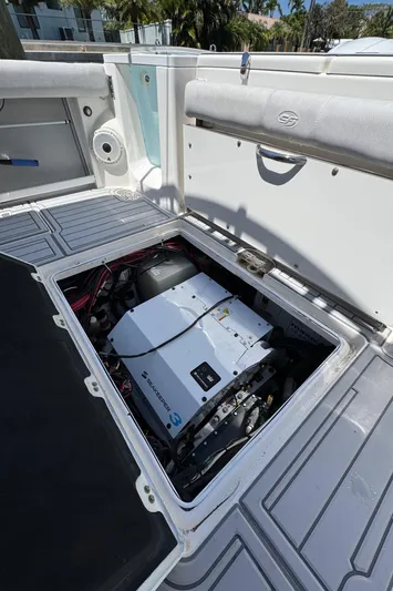 Seakeeper And Joystick Yacht Photos Pics 2020 Sea Fox 368 Commander boat engine compartment, showcasing modern design and technology.