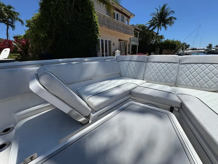 Seakeeper And Joystick Yacht Photos Pics Luxurious seating on 2020 Sea Fox 368 Commander boat, with quilted upholstery and scenic waterfront view.