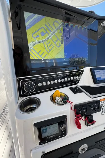 Seakeeper And Joystick Yacht Photos Pics Control panel of 2020 Sea Fox 368 Commander with navigation display and controls.