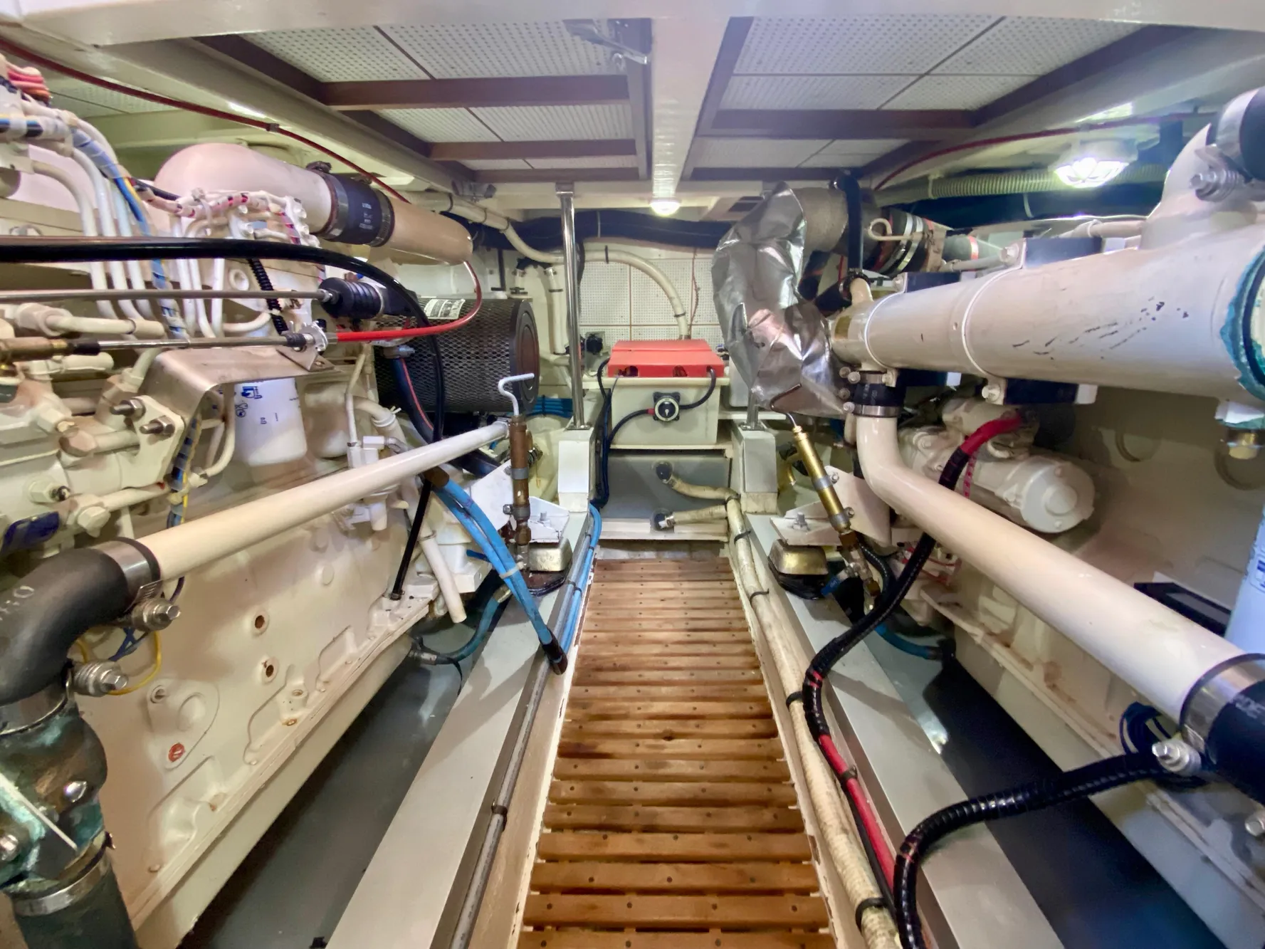 Engine room of a 1997 Grand Banks Classic yacht.