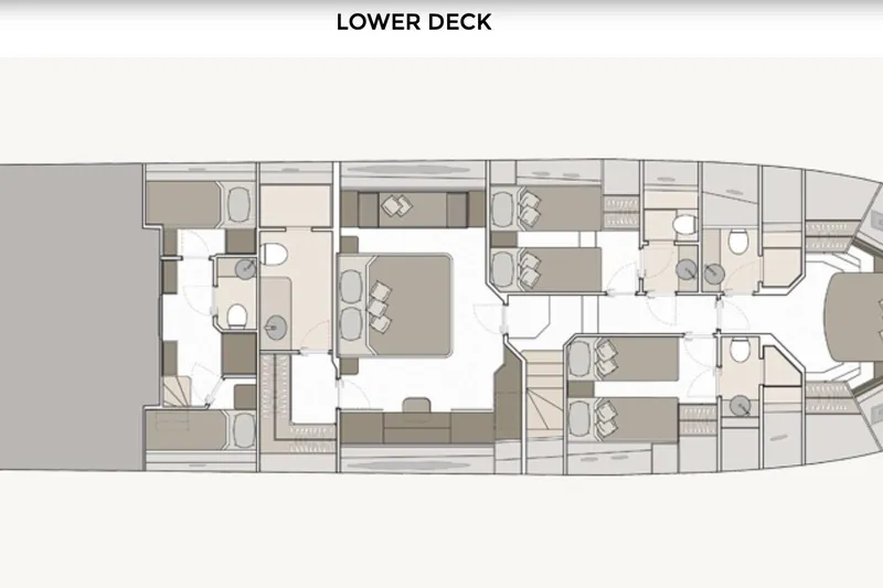 Tyche Yacht Photos Pics Lower deck layout of 2019 Monte Carlo Yachts MCY 76, featuring multiple cabins and bathrooms.
