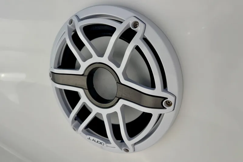  Yacht Photos Pics Close-up of JL Audio speaker on 2024 Intrepid 407 Nomad FE boat.
